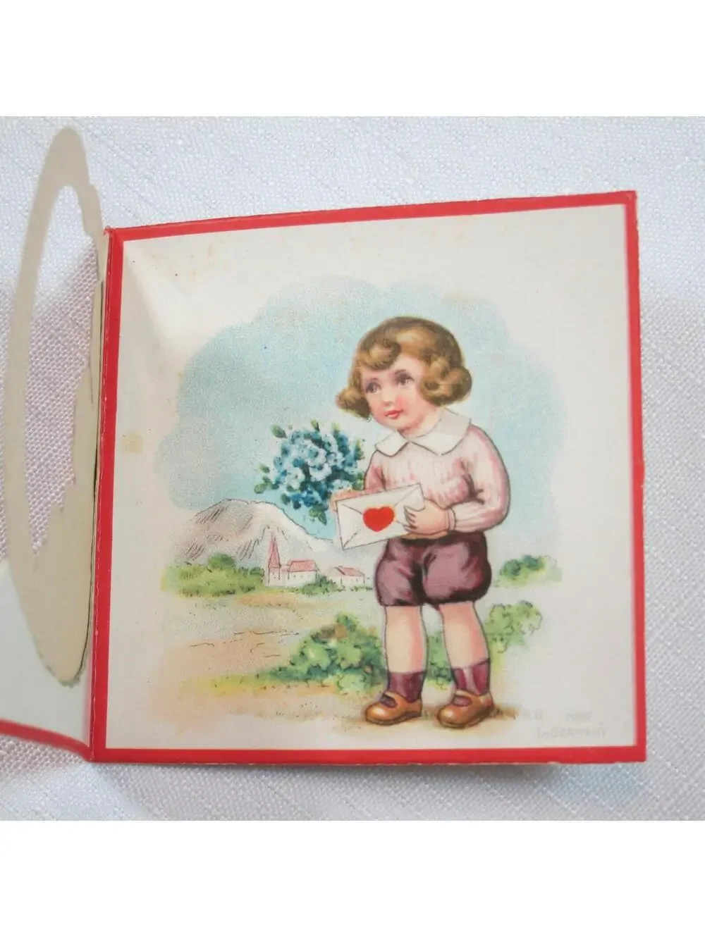 Vintage Valentine Card 1929 Fold Out Country Boy & Girl w/ Flowers Heart Germany